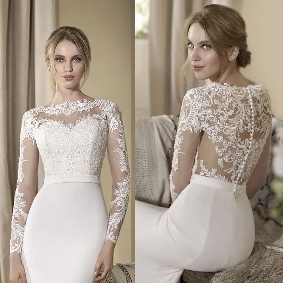 

Lace Long Sleeve Mermaid Wedding Dress For Bride Sexy Illusion Back Buttons Ivory White Bridal Reception Gowns Jewel Neck