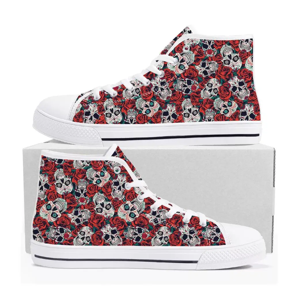 

Retro Sugar Skull Floral Printed High Top Sneakers Mens Womens Teenager Canvas Sneaker Casual Custom Made Shoes Customize Shoe