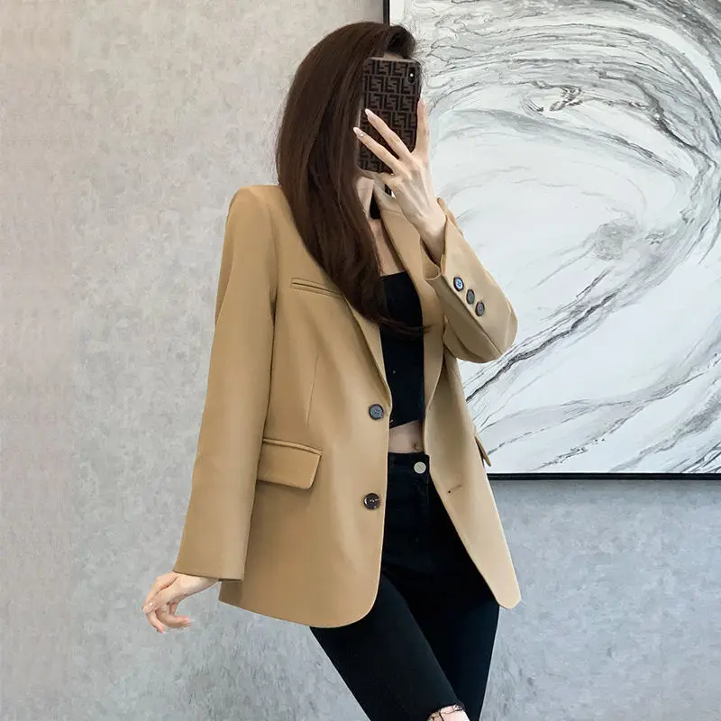Women Khaki Chic Small Blazers Pockets Niche Loose Tops Femme Veste Autumn Casual Blazer Suit Solid Jacket Coat Female Outerwear