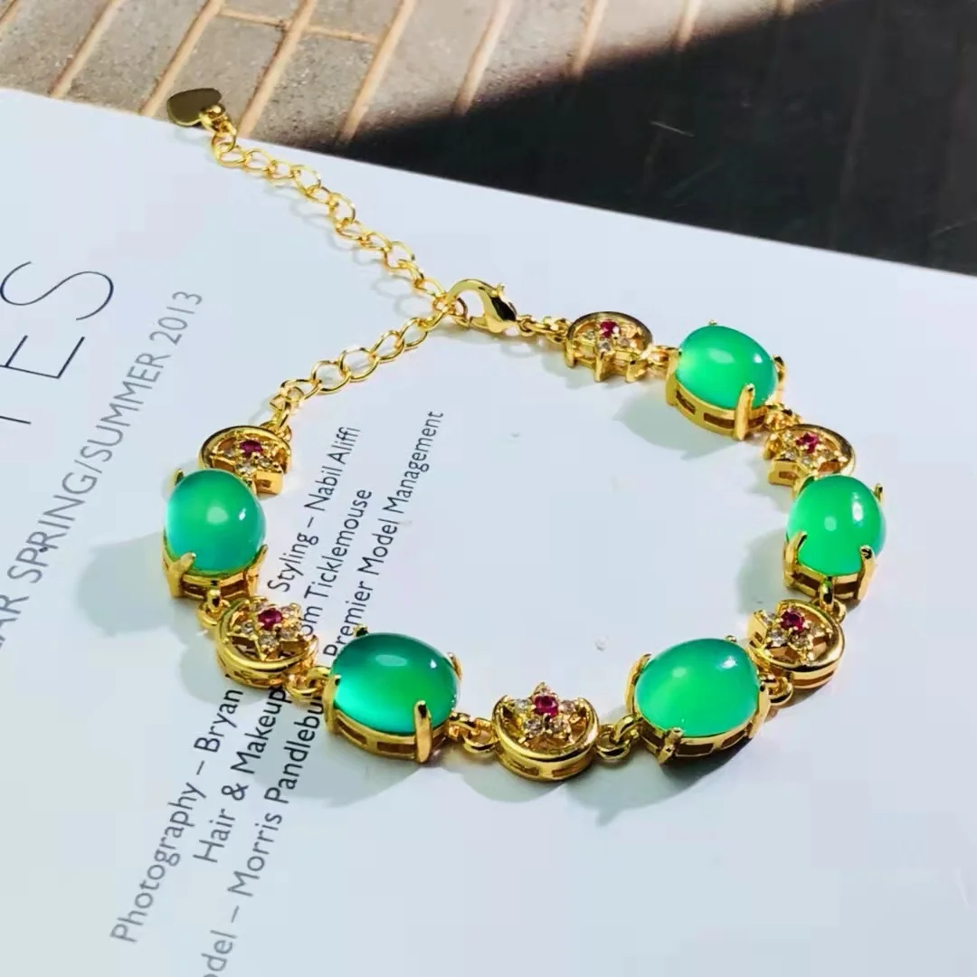 

Top Quality Natural Chalcedony Inlaid 925 Sterling Silver Gold-Plated Agate Jade Bracelet Jewelry Exquisite Accessories Bangle