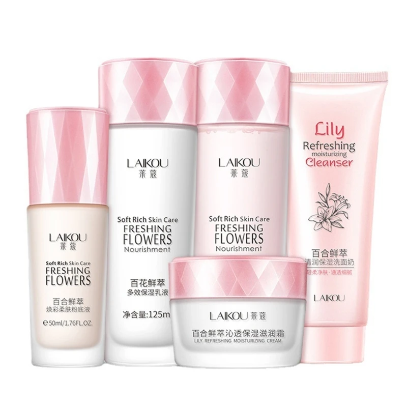 

5Pcs Lily Flower Set Sakura-Cleanser Toner Lotion Cream Deep Cleansing Moisturizing Oil Control Skin Care Travel Outfit