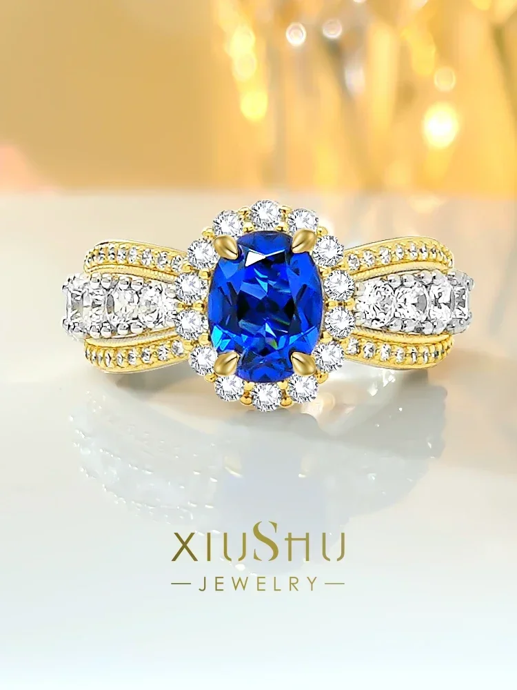 

Роскошное и простое кольцо Desire Light из стерлингового серебра 925 пробы с синими бриллиантами в форме яйца, инкрустированное высокоуглеродистыми бриллиантами, универсальное женское