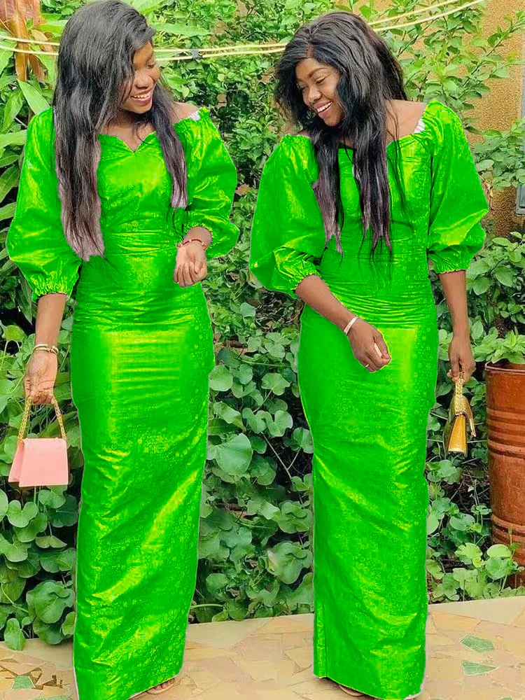 

Green Bazin Riche Long Dresses For Women Party Clothing African Dashiki Robe Top Quality Bazin Riche Daily Clothing Dresses