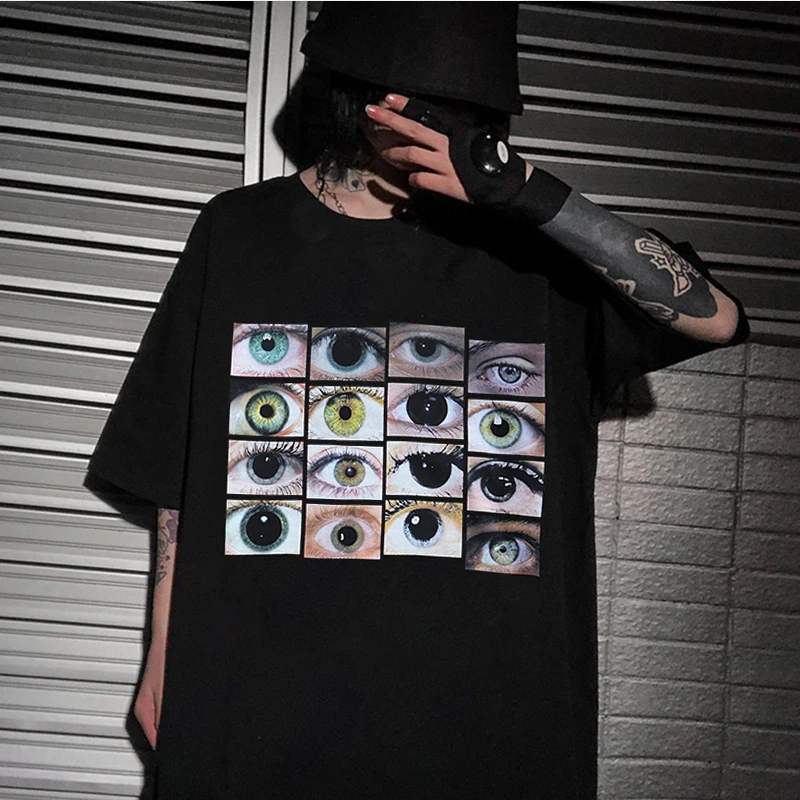 

Vintage Men's T-Shirt Harajuku Eyes Print Short Sleeve Y2K Streetwear Tops Aesthetic T-Shirt Gothic Black O-Neck Tee Shirts