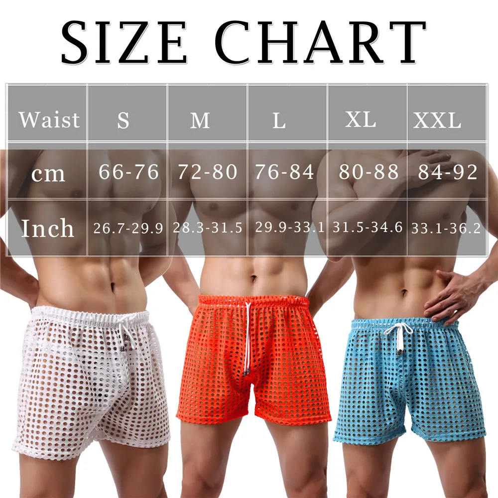FYXLJJ Mens Sexy Beach Trunks Mesh Fishnet Hollow Out Boxer Shorts Transparent Loose Causal Shorts Sleep Bottoms Quick-dry Trunk