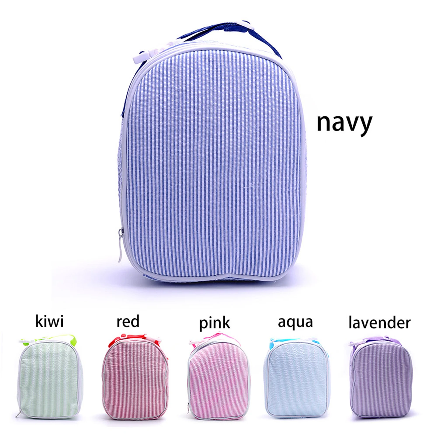 25PCS/lOT ​RTS US Warehouse Navy Seersucker Cooler Bag Monogram Striped Lunch Warm Bag For School Food Carrier Bags with Zipper