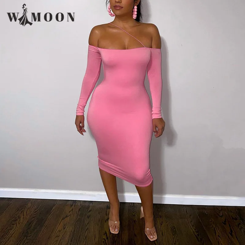 

Diagonal Shoulder Strap Sexy Dress 2021 New Autumn Solid Slash Neck Midi Bodycon Dresses for Women Party Vestidos Casual Robe