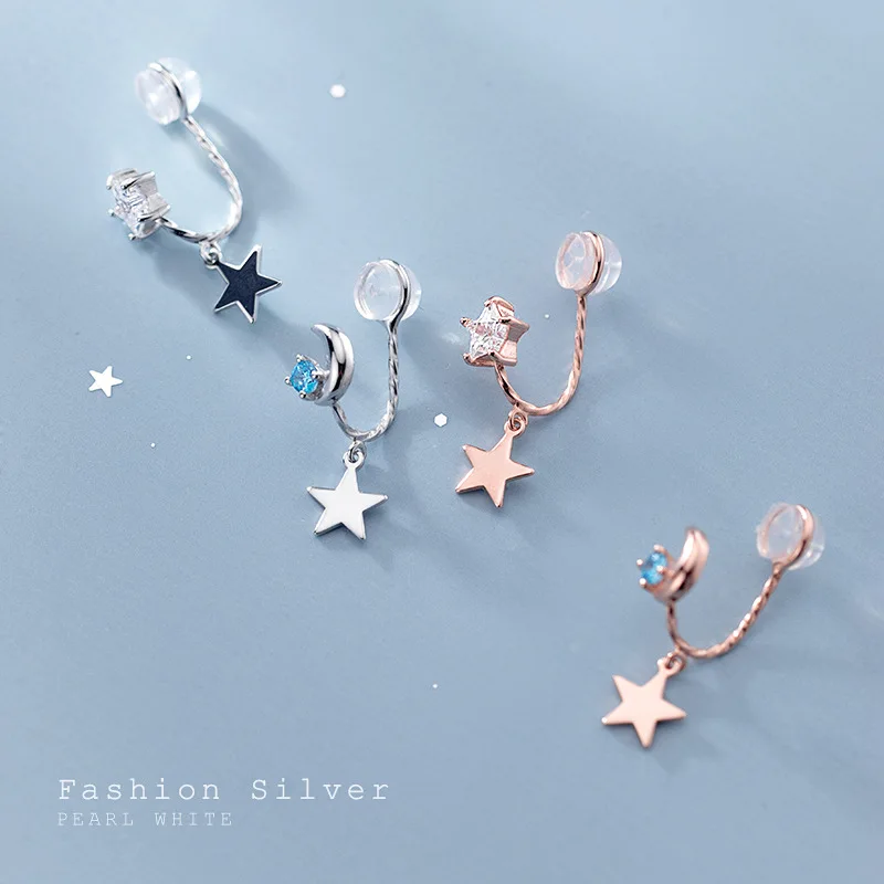 

S925 Silver Earrings Female Asymmetric Star and Moon Without Pierced Five-pointed Star Earrings