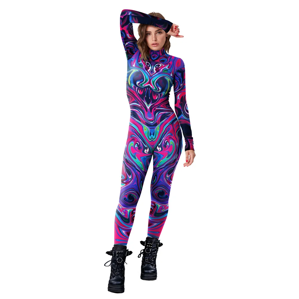 FCCEXIO Tie-dye Flowers 3D Print Women Sexy Skinny Jumpsuit Carnival Cosplay Costumes Fancy Bodysuit Fashion Street Jumpsuits images - 6