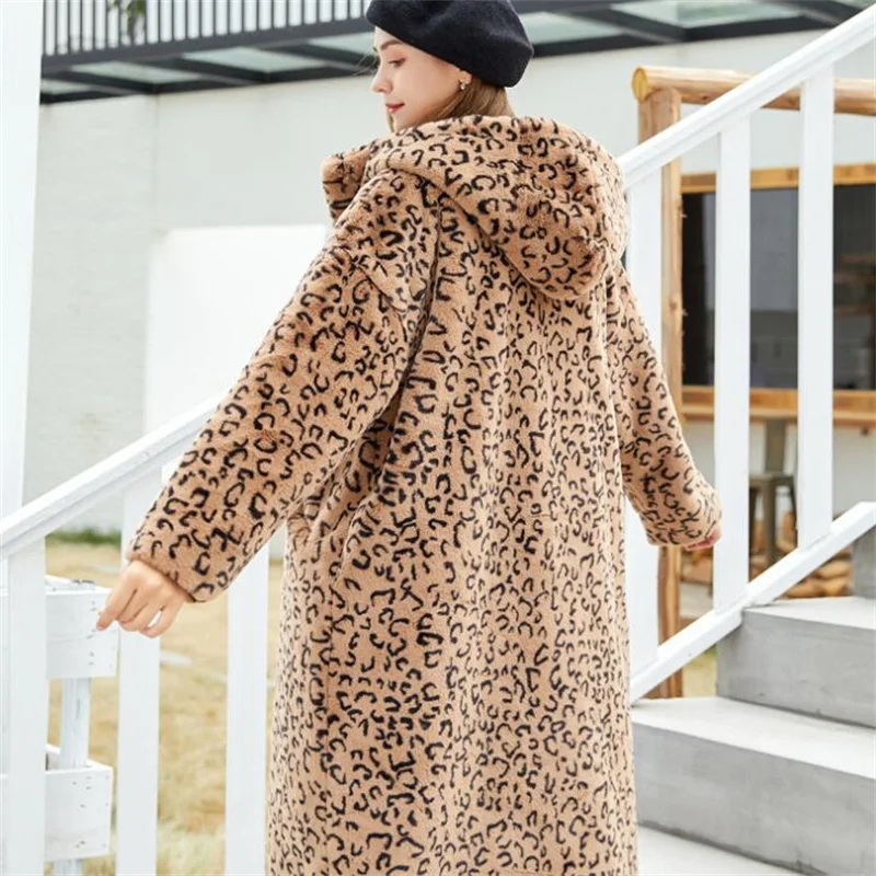 Autumn faux mink leather jacket womens Leopard hood long fur leather coat women slim jackets jaqueta de couro fashion