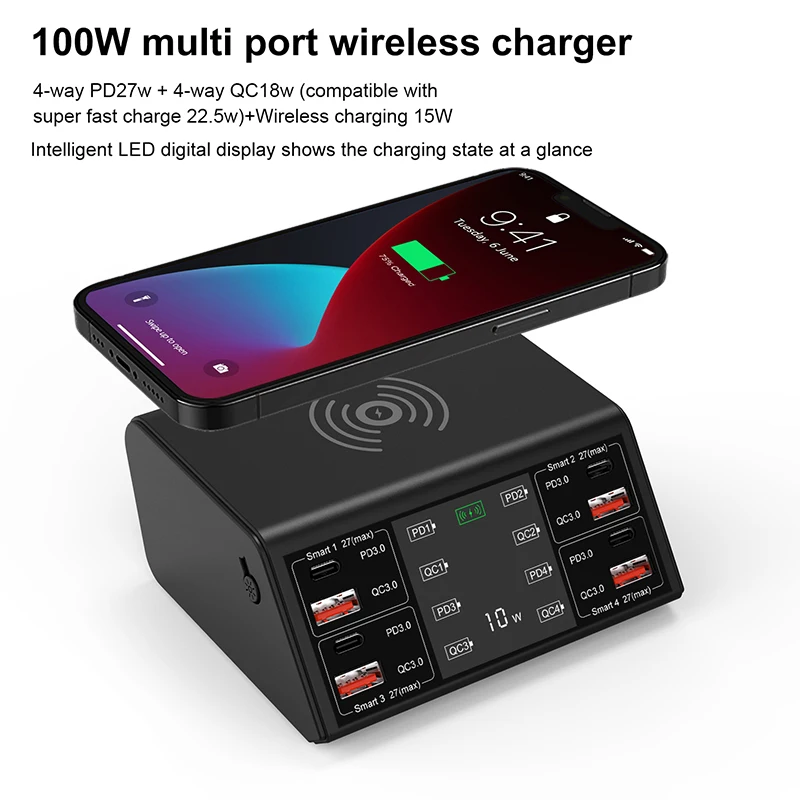 

Беспроводная док-станция с 8 USB-портами и светодиодным дисплеем, 100 Вт