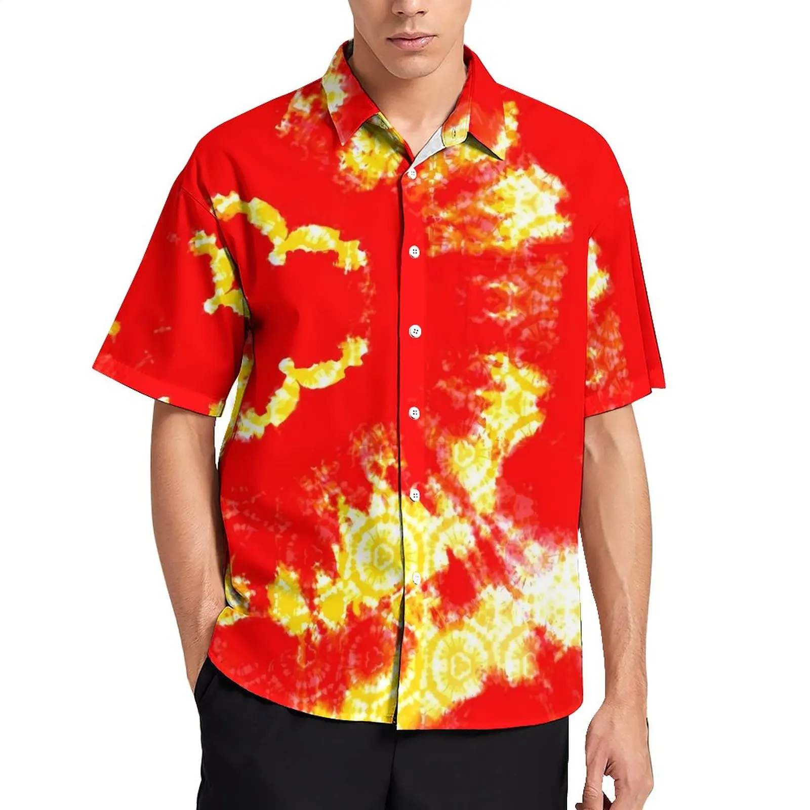 

Tie Dye Dreams Casual Shirts Red And Yellow Vacation Shirt Hawaii Stylish Blouses Male Custom Large Size