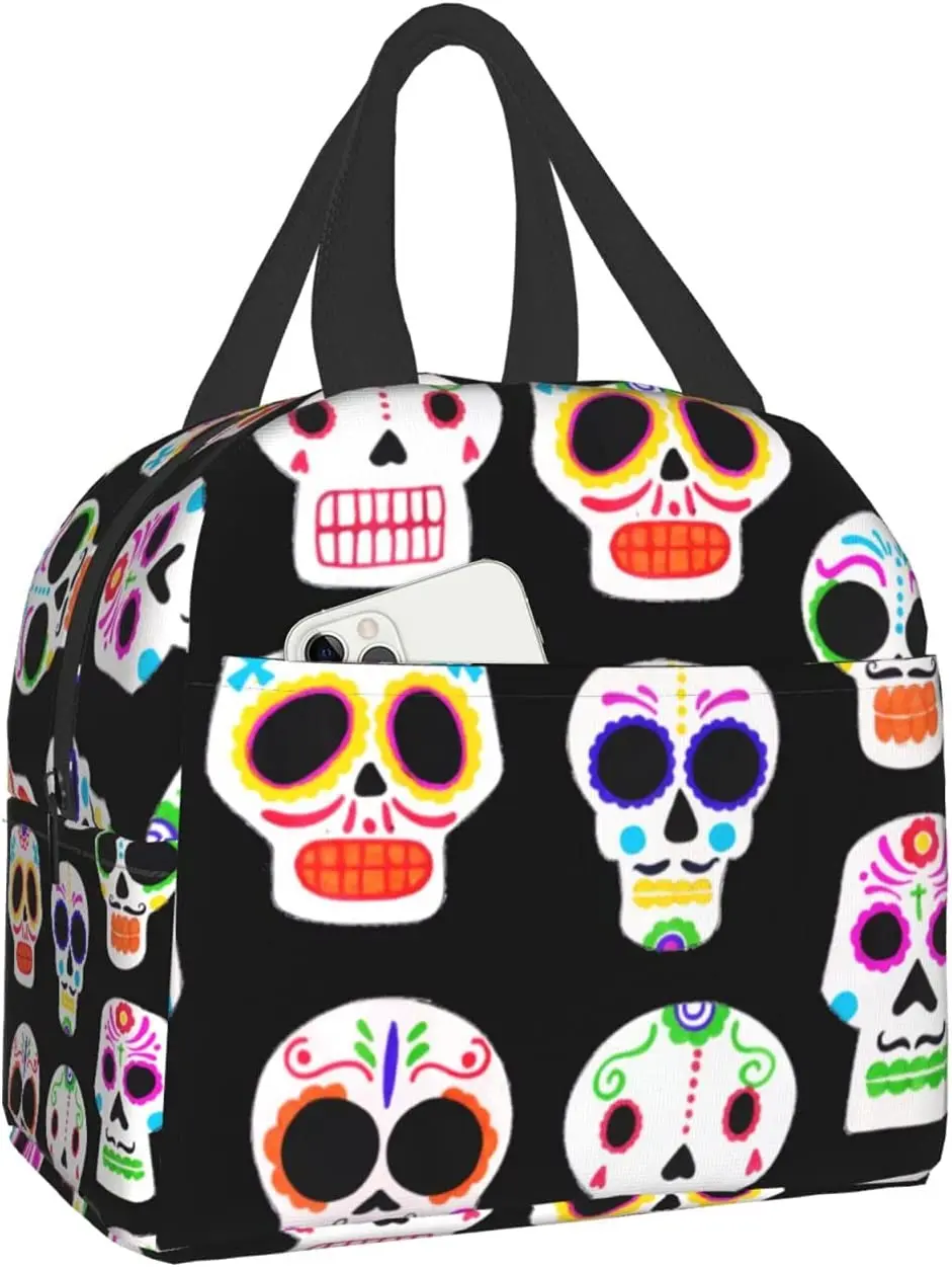 

Colorful Halloween Skull Portable Thermal Lunch Bag Waterproof Trick Or Treat Halloween Lunch Bag For Work Picnic Lunch Box