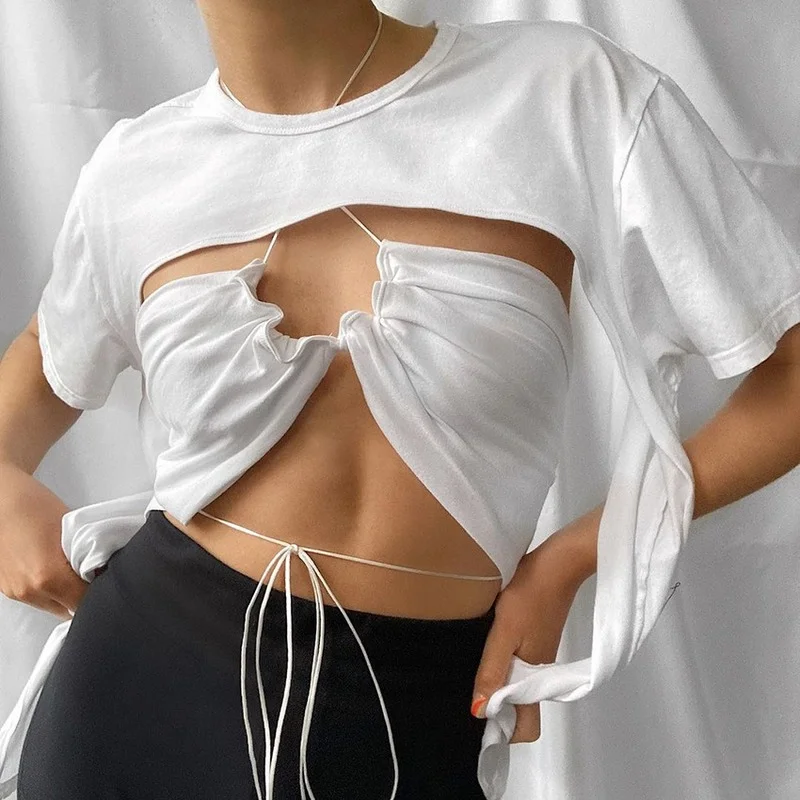 

Sexy Halter Neckband Exposed Umbilical Cord Wrapped Chest Folded Short-sleeved T-shirt Women 2021 Spring and Summer Street Top