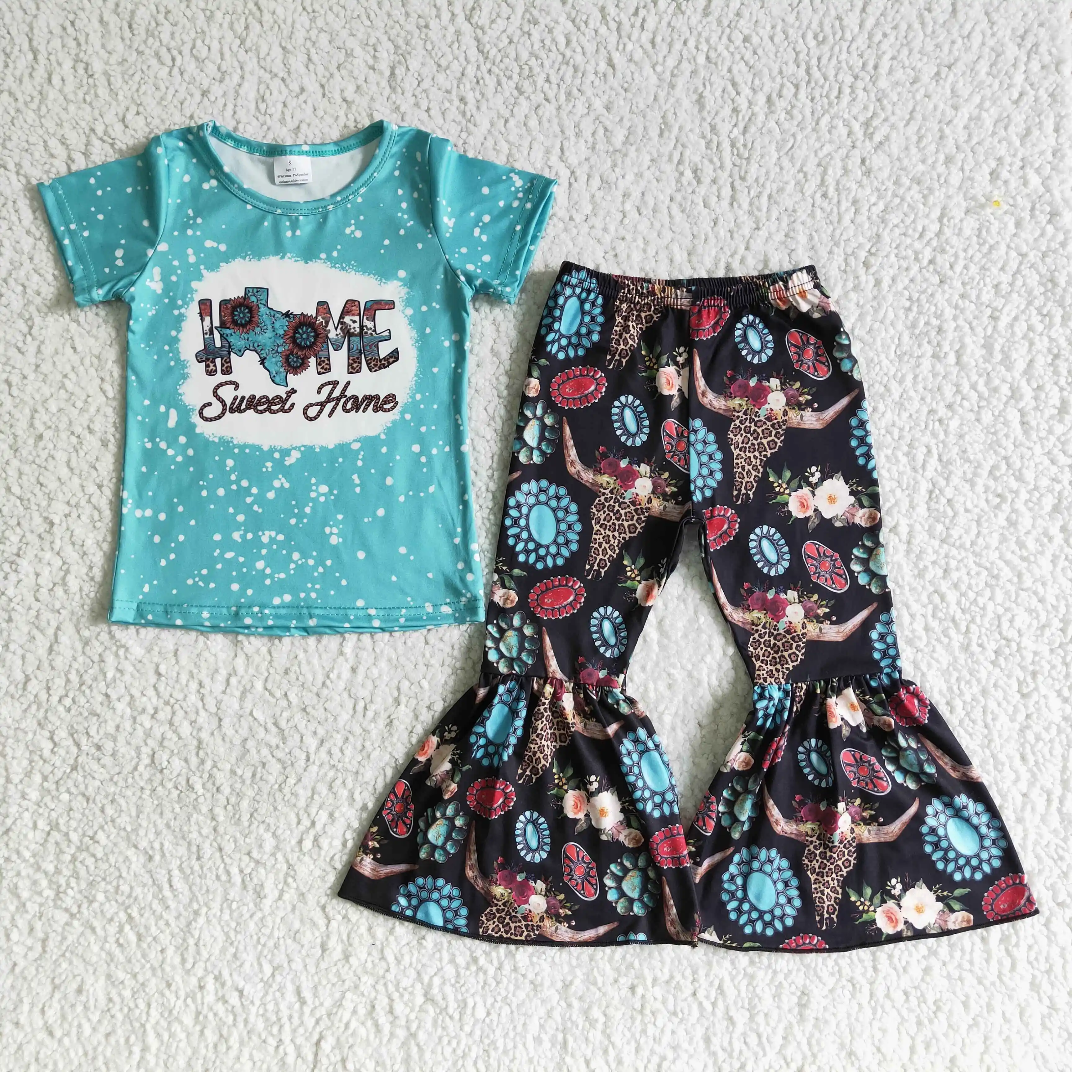 Sweet home western baby girl's turquoise bull head bell bottom outfits