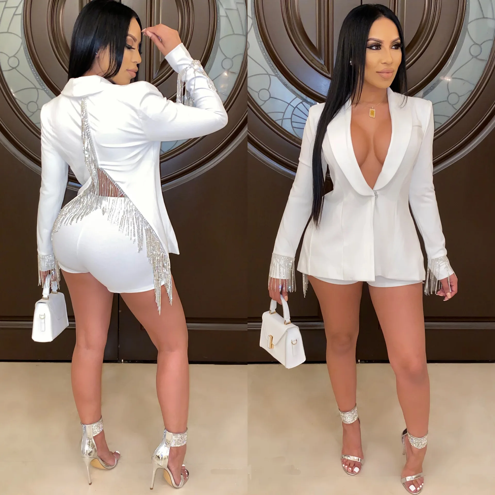 

Women Blazer Short Pants Suit 2022 Autumn Sexy Women Sequins Tassel Backless Long Sleeve Blazer Coat Elegant Lapel Blazer Suit