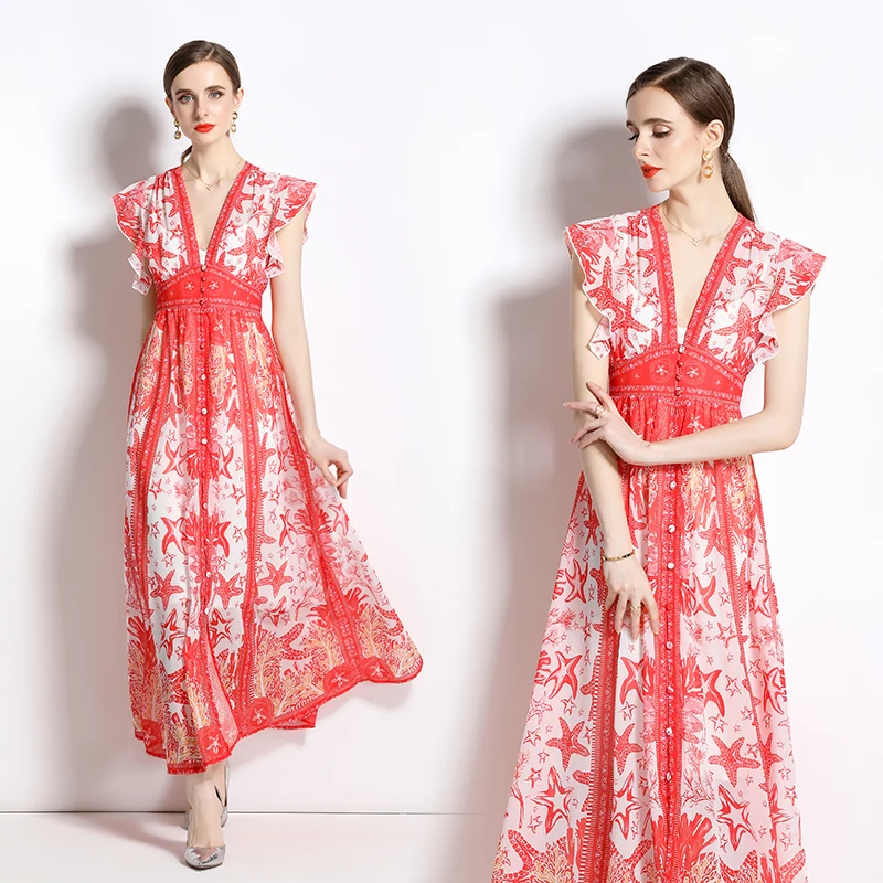 2023 Holiday Snow Spinning Ruffle Sleeve Print Dress Long Dress