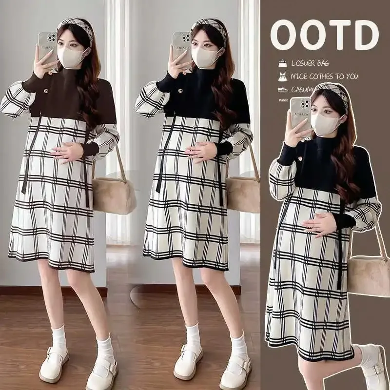 Осенне-зимнее стильное платье для беременных свободного покроя в клетку