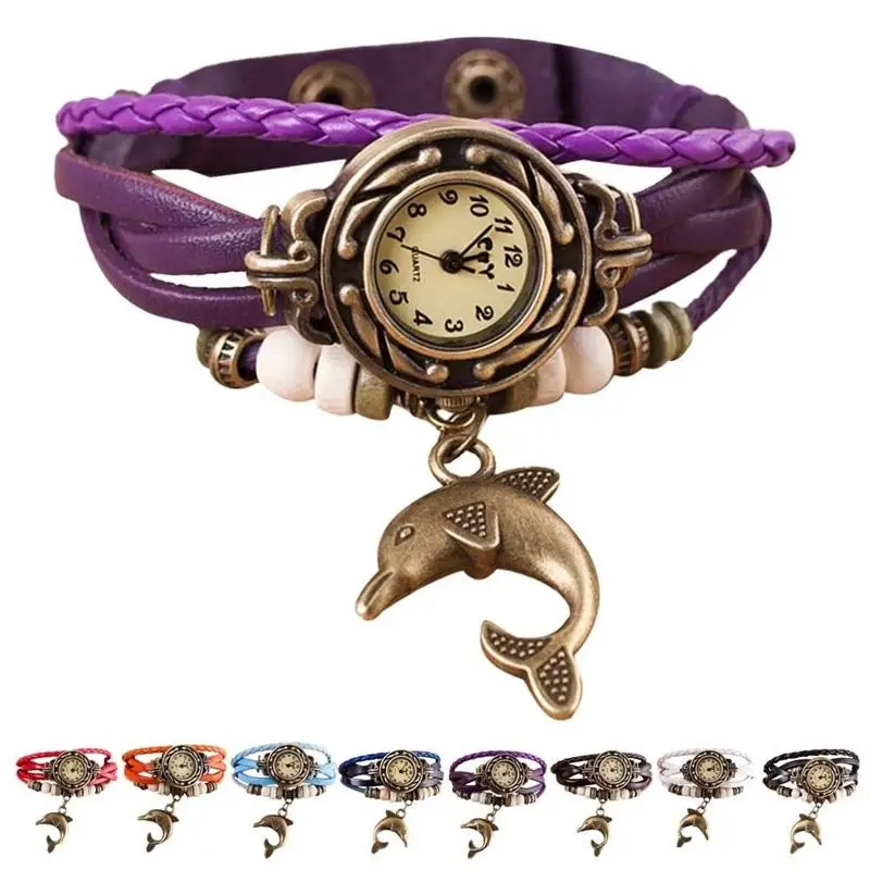 

Vintage Inspired Weave Around Leather Dolphin Bracelet Lady Woman Quartz Watch