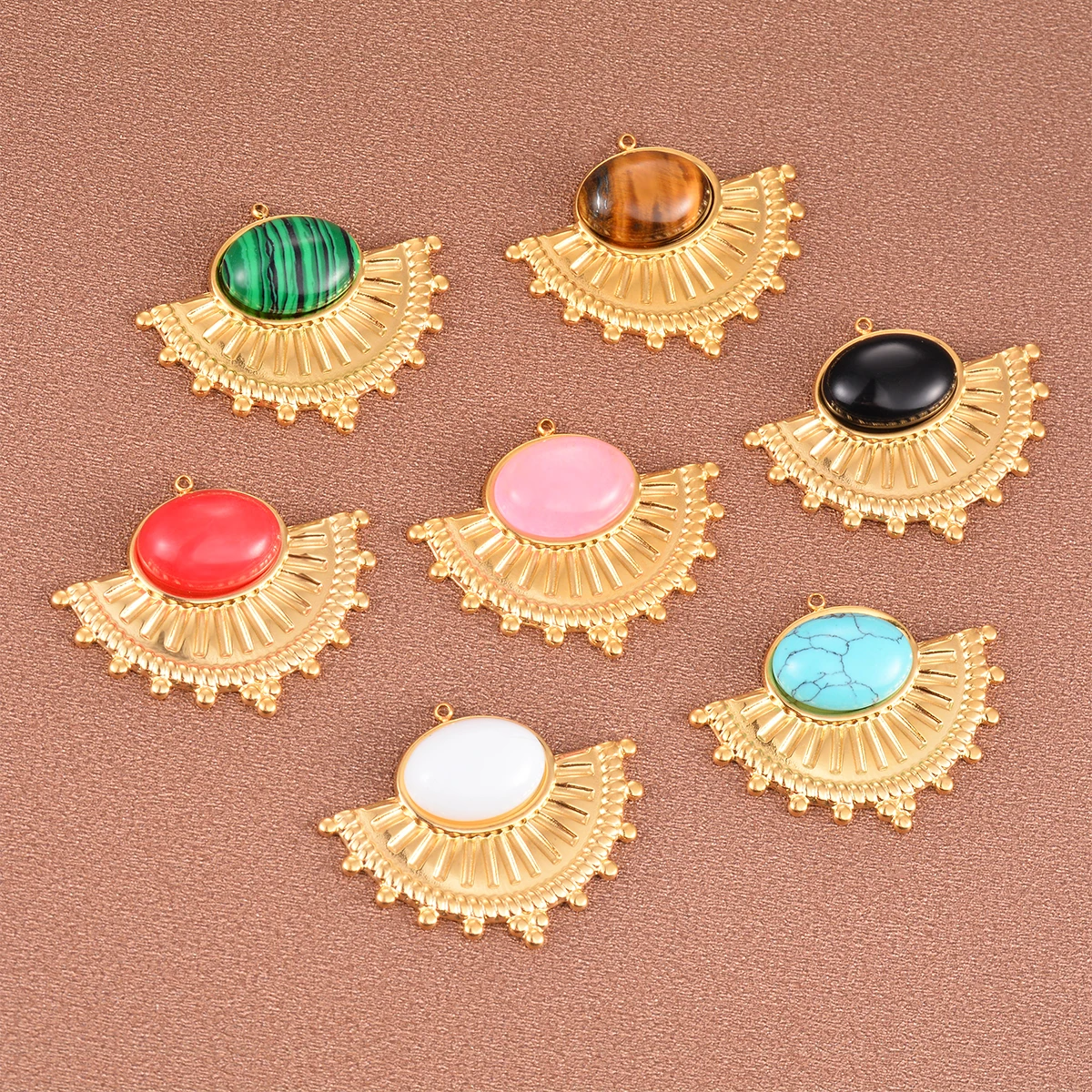 2pcs Stainless Steel Natural Stone Fan Shape Gold Plated Boho Charms Pendants for DIY Jewelry Making Earrings Craft Accessories