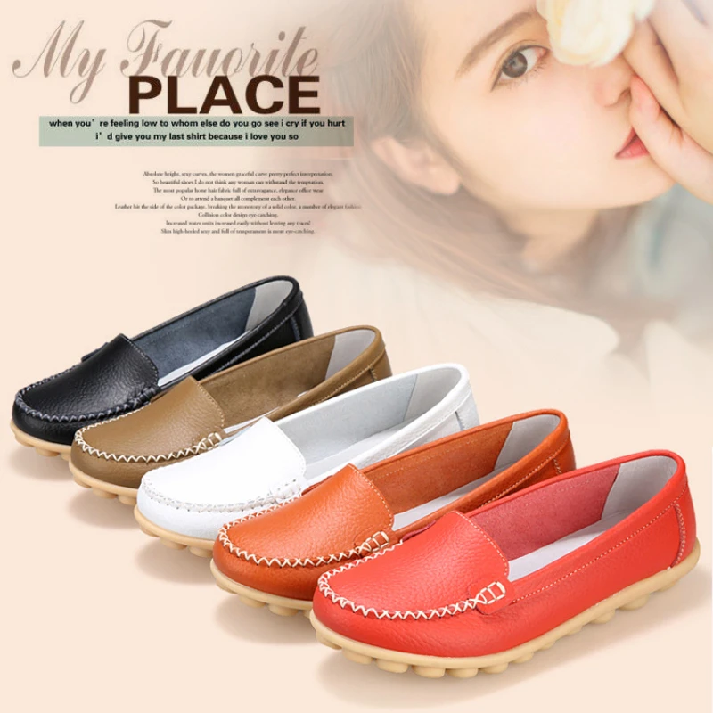 Women Genuine Leather Flats Hollow Slip On Loafers Ladies Shoes Casual Style Comfortable Soft Fashion Flats Shoes Size 41