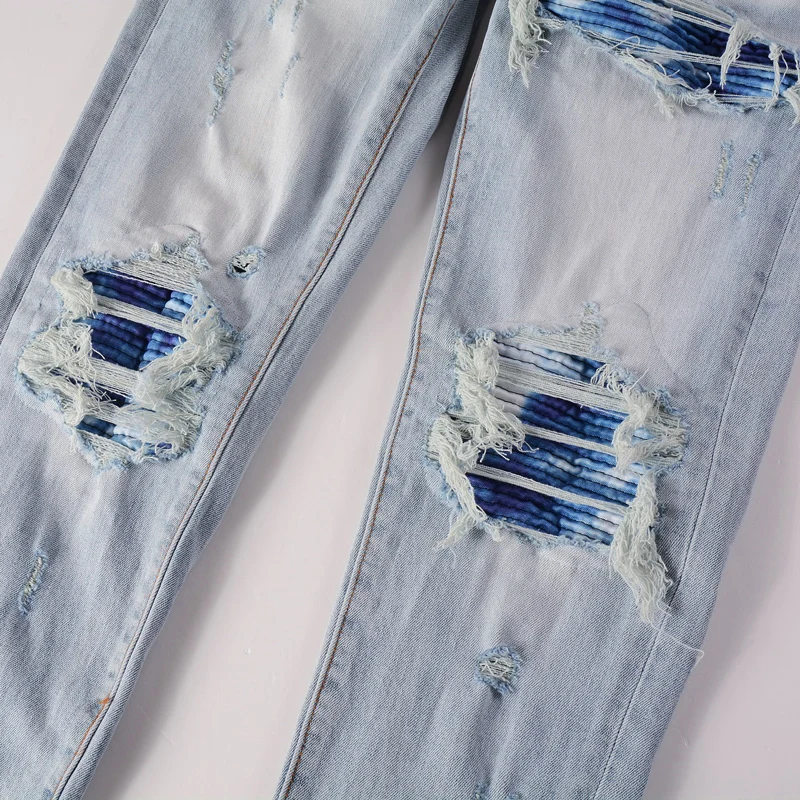 High Street Fashion Men Jeans Retro Light Blue Elastic Ripped Jeans Men Buttons Fly Stretch Skinny Trousers Hip Hop Brand Pants