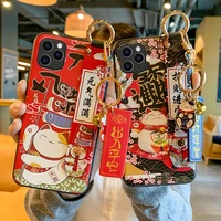 3d emboss lucky cat phone case for iphone x xs xr 11 12 13 pro max 7 8 plus soft back cover ring bracket wrist strap case coque