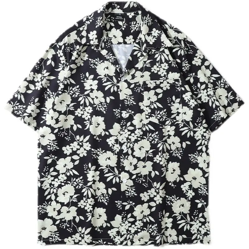 Black and White Camellia short sleeve shirt  Retro Unisex Style Hawaiian Short Sleeve Shirt  Loose and Idle Men Clothing