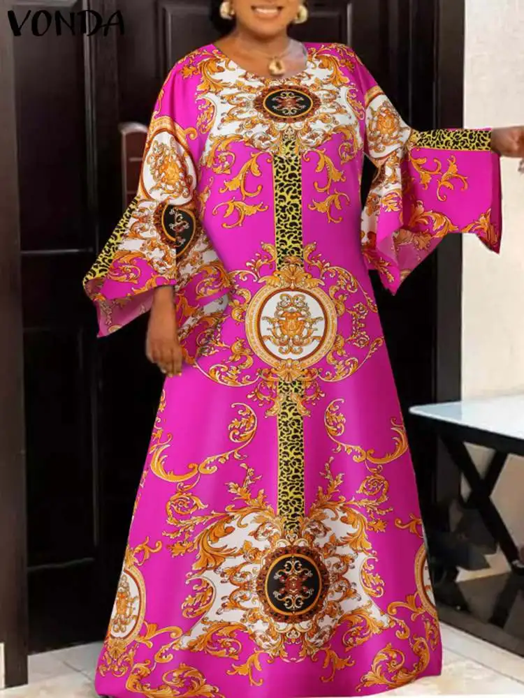 

VONDA богемное женское винтажное платье с принтом 2022 осенний длинный расклешенный рукав Кафтан Макси Сарафан женское повседневное Вечерние в...