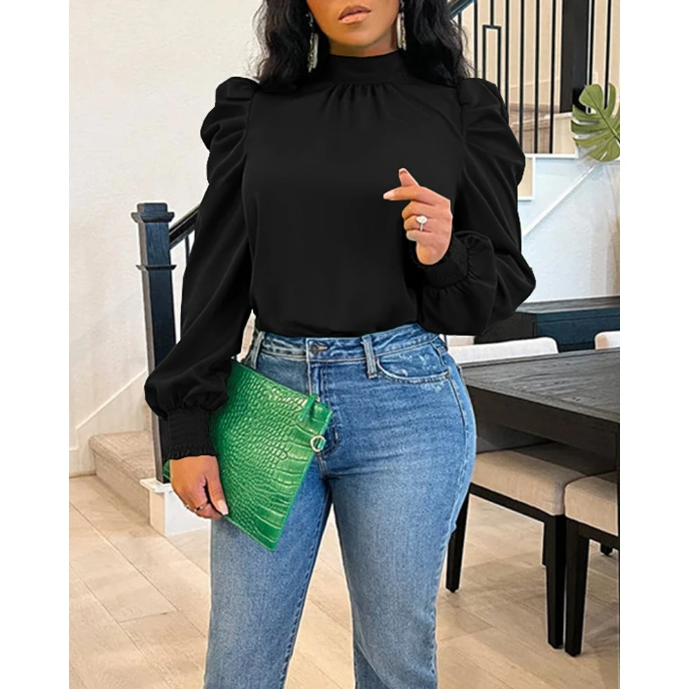 

Модная однотонная Футболка с рукавами-фонариками, повседневная Однотонная футболка с бантом на спине, уличная одежда, офисные женские блуз...