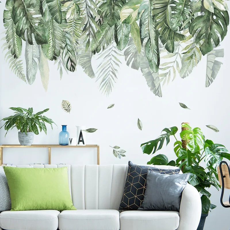 

Fresh Tropical Green Plants Leaf Wall Stickers Bedroom Living Room Home Decor Wallpaper Small Fresh Green Leaves Wall Stickers