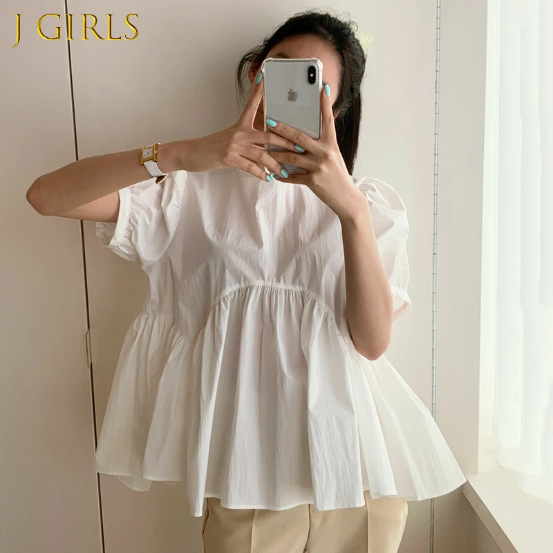 

J GIRLS Women Shirt 2021 Summer Korean Chic Ladies Niche Versatile Round-Neck Back Hollowed-Out Wide Loose Puff Sleeve Blouses