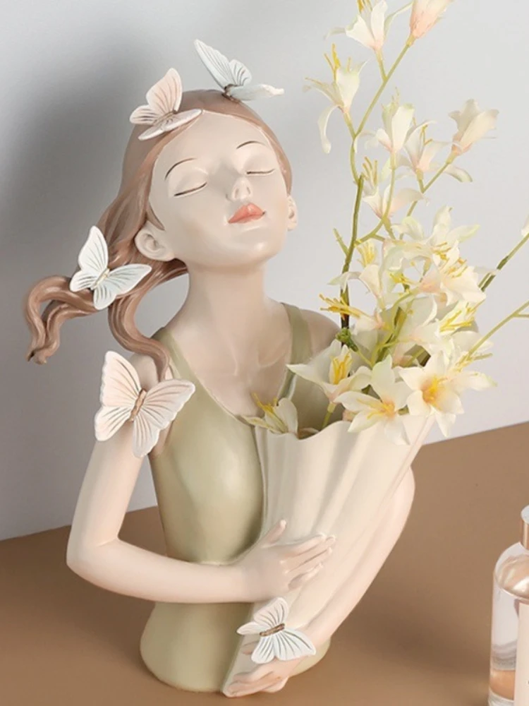 

Moden Gorgeous Girl Resin Bouquet Statue Creative Nordic Flower Vase Ornaments Fashion Style Home Decoration Living Room Gifts