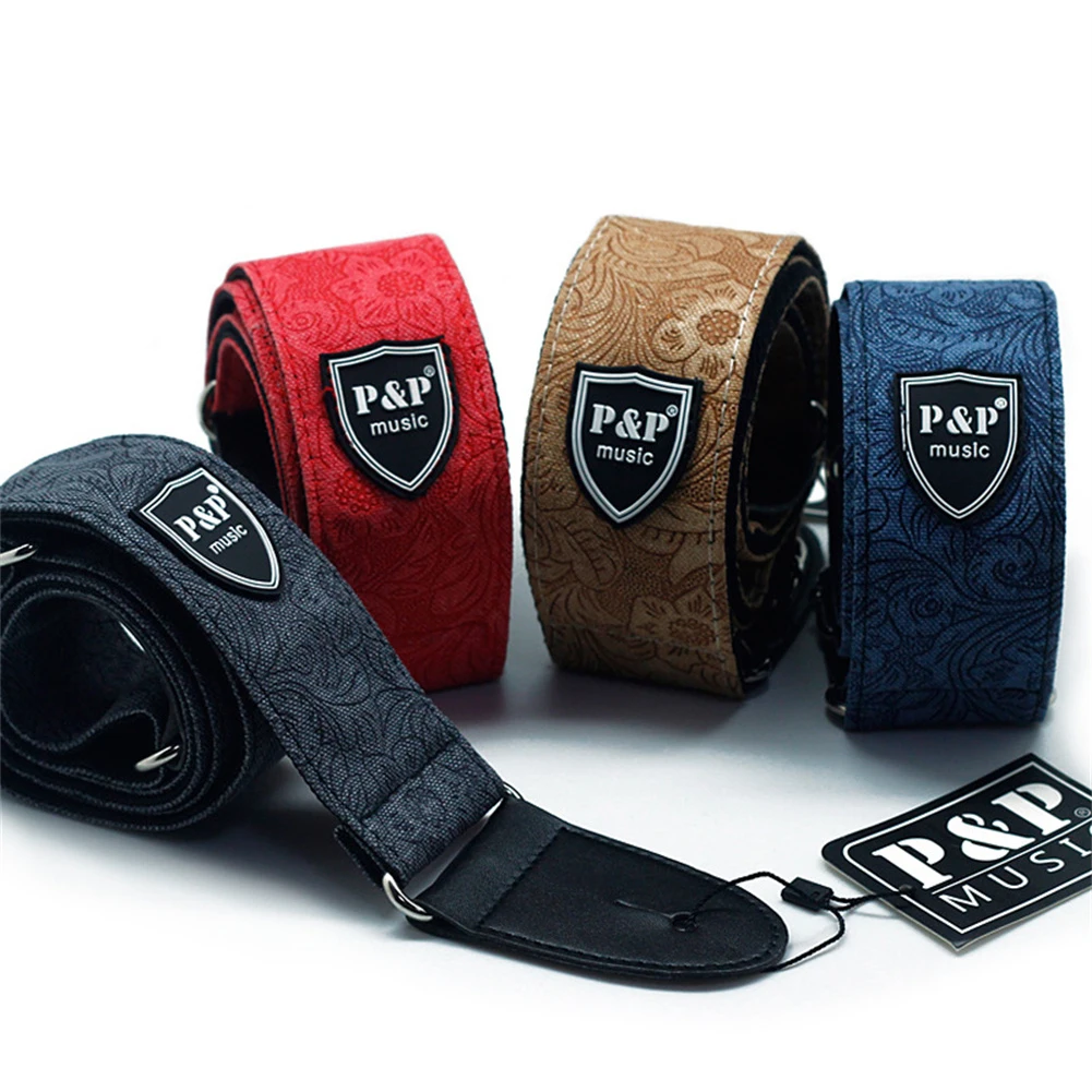 

Adjustable Embroidered Pure Cotton Guitar Strap Widening Thickening For All Guitar Vintage Denim Cotton Fashion PU Leather