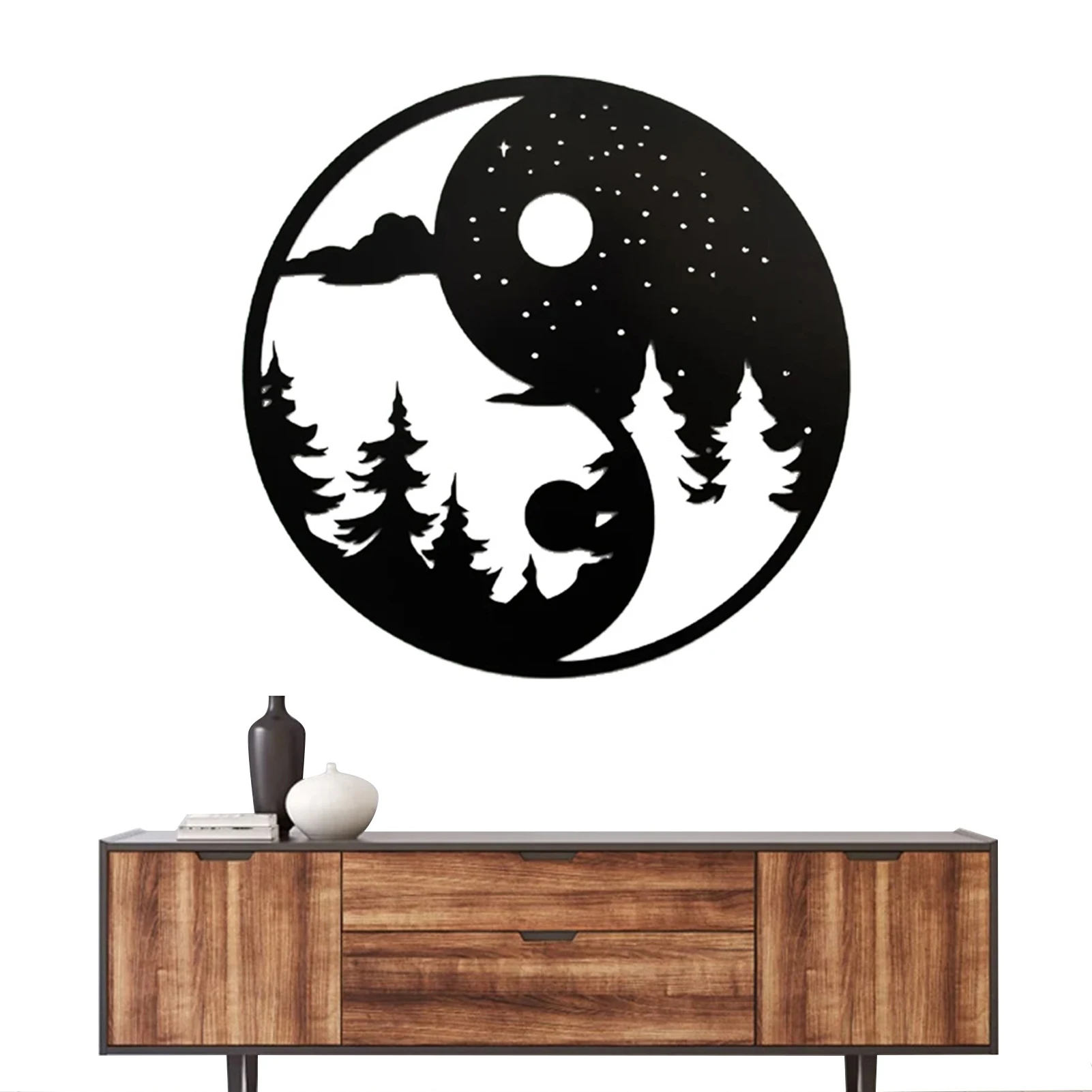 

Metal Wall Feng Shui Decor Sun Moon Wall Art Bagua Map Ink Painting Style Hang Art Painting Black Round Design Iron Decor