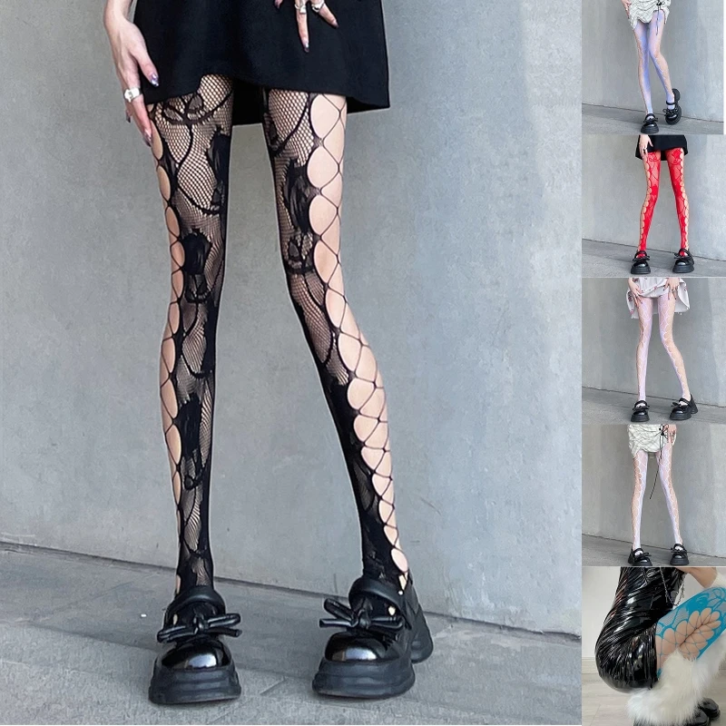 

Women Gothic See Through Fishnet Tights Rose Flower Side Cross Bandage Pantyhose