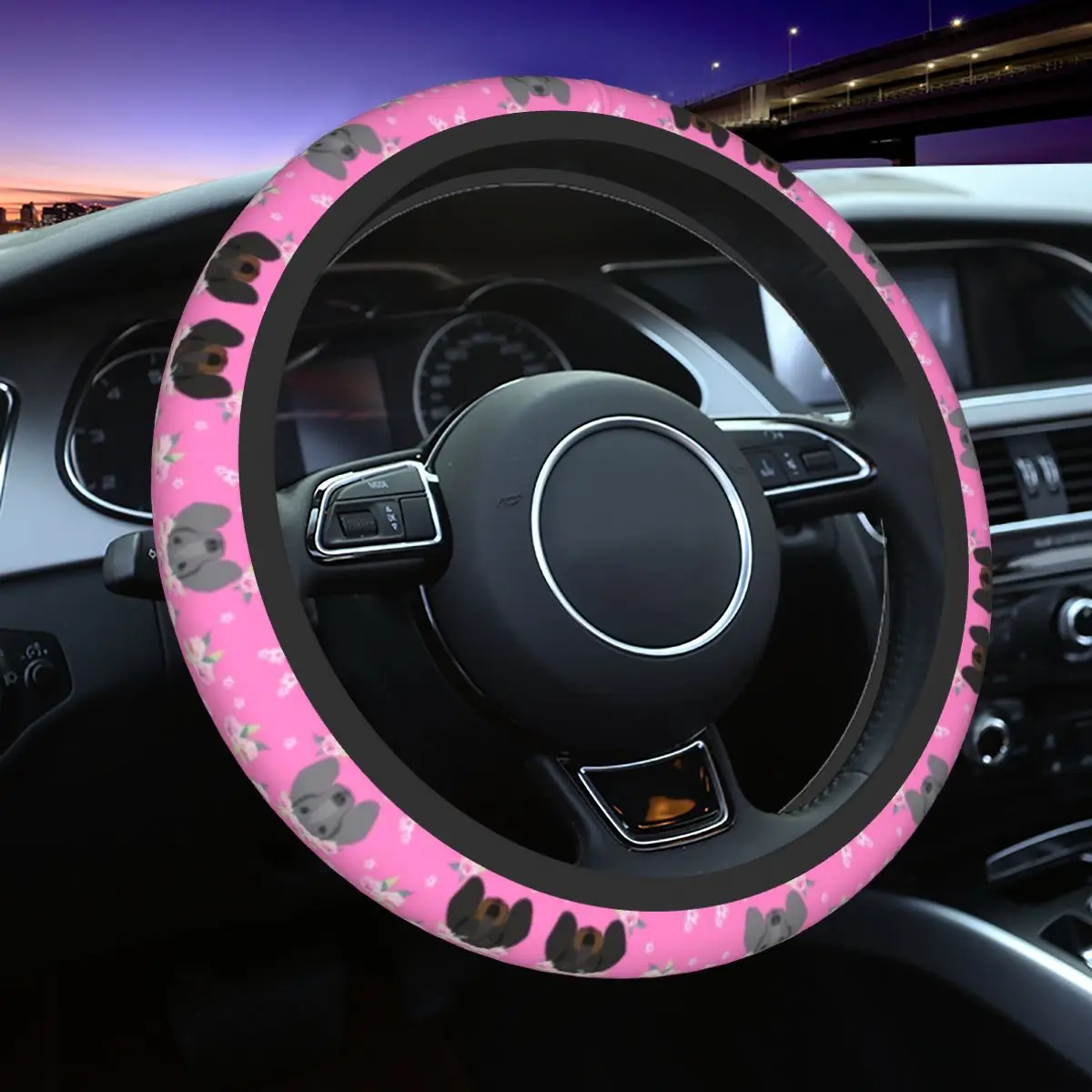 

Puppy Dachshund Sausage Florals Auto Car Steering Wheel Cover Pet Anti Slip Universal Steering Wheel Protector Fit for Sedan