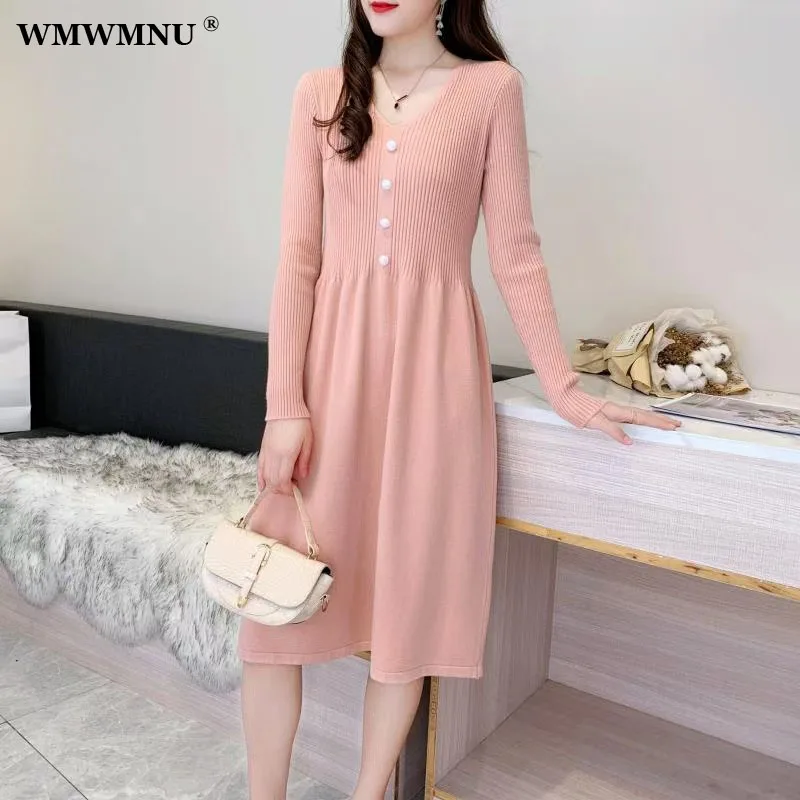 

Женское трикотажное платье-трапеция, повседневное свободное платье-свитер до колен с длинным рукавом и V-образным вырезом в Корейском стиле