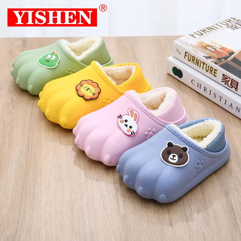 YISHEN Children Slippers Cotton Shoes Winter Cute Cartoon Bear Paw Slippers Boys Girls Waterproof Indoor Chaussons Pour Enfants