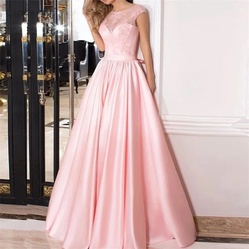 

Pink Scoop-Neck Long Evening Party Gowns Vestidos De Festa Formal Sash Prom Cinderella Celebrity Gowns Hot