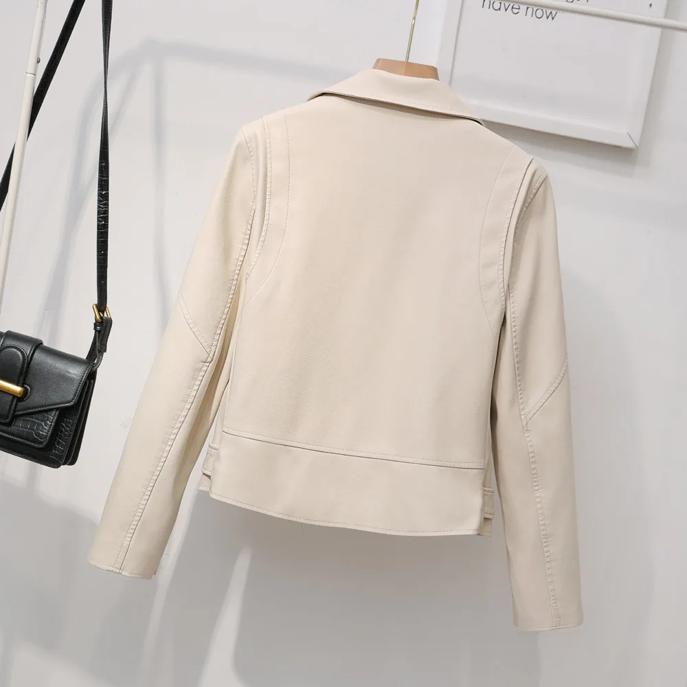 Heavy Industry zipper lapel belt women's leather jacket motorcycle suit slim short coat