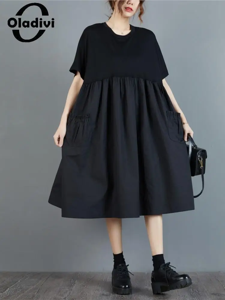 

Oladivi Oversized Black Dress With Pockets Elegant Women Summer Short Sleeve Large Size Casual Loose Long Dresses Vestidios 6342