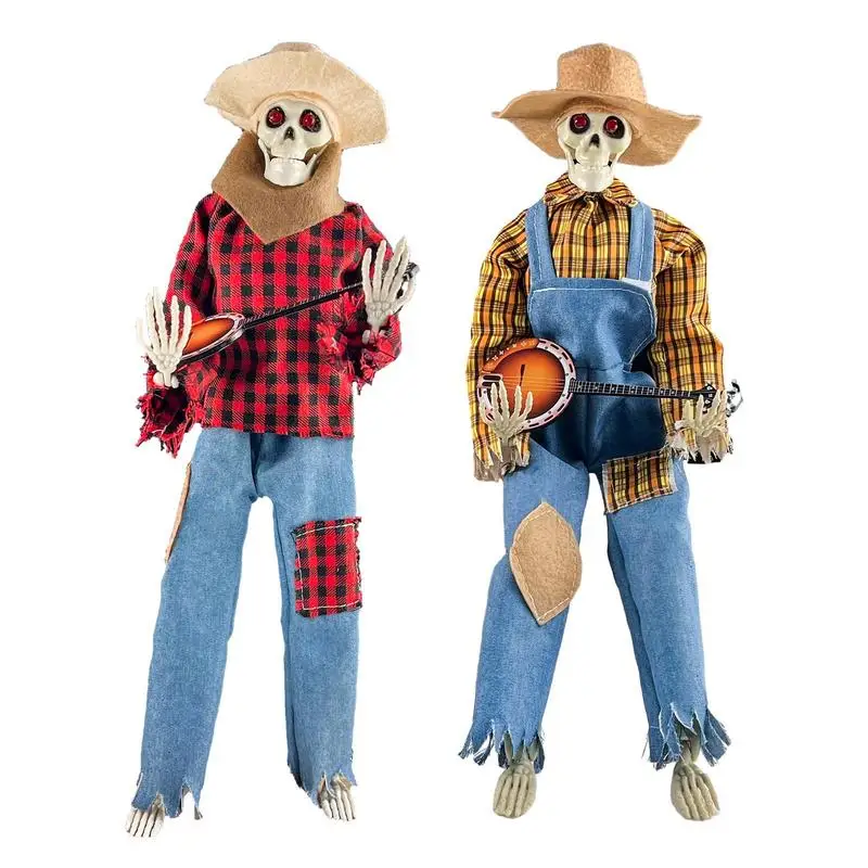 

Анимационные скелеты банджо на Хэллоуин гитарист украшения черепа скульптура с светящимися глазами светящиеся скелеты для Хэллоуина