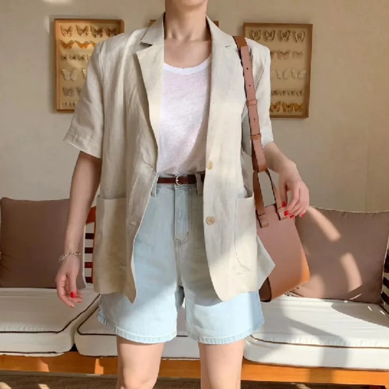 Korean Style Fashion Minimalism Women Black White Casual Linen Blazer Notched Short Sleeve Loose Jacket Tide 2021 Summer Jackets