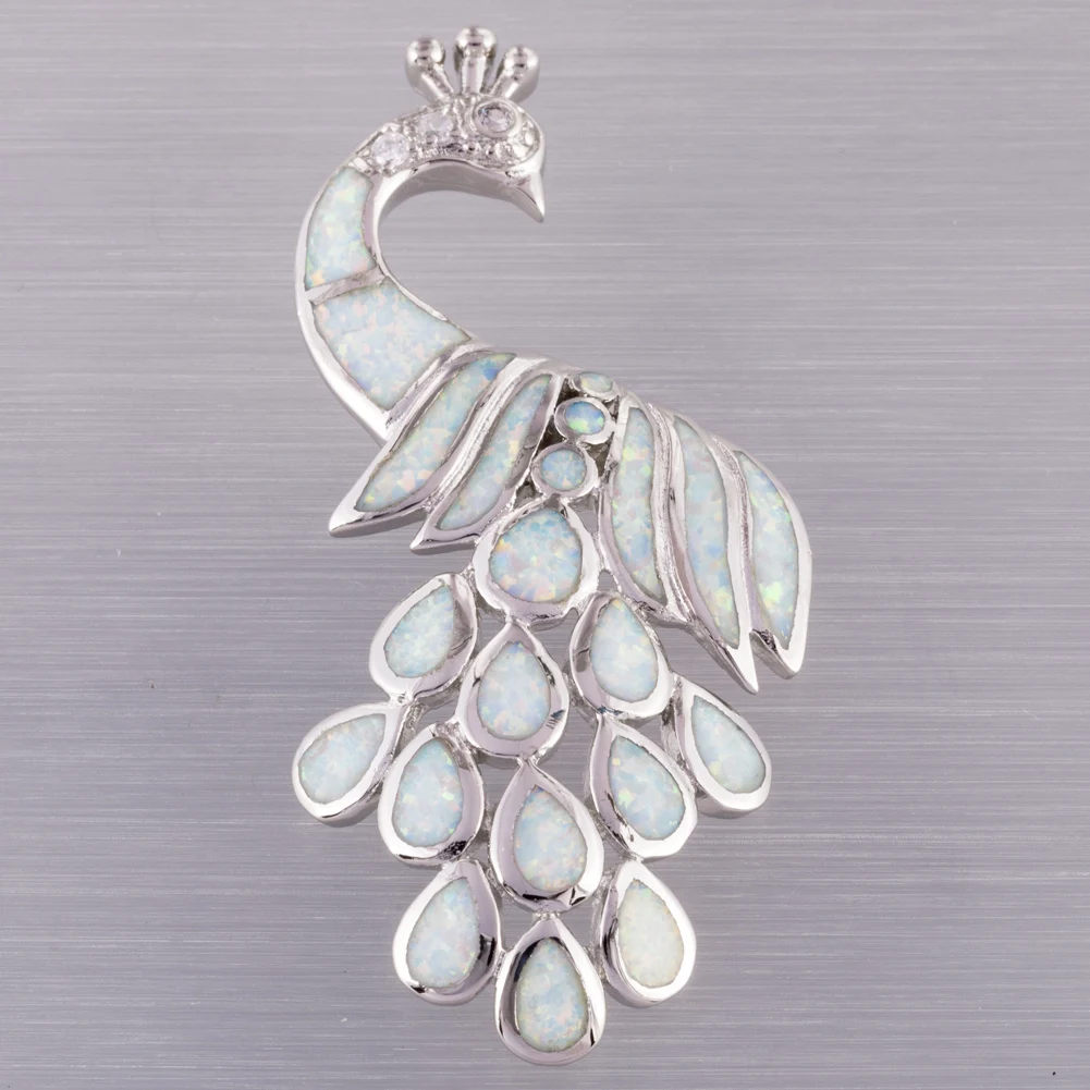 

KONGMOON Large Peacock White Fire Opal Silver Plated Jewelry for Women Pendant for Necklace
