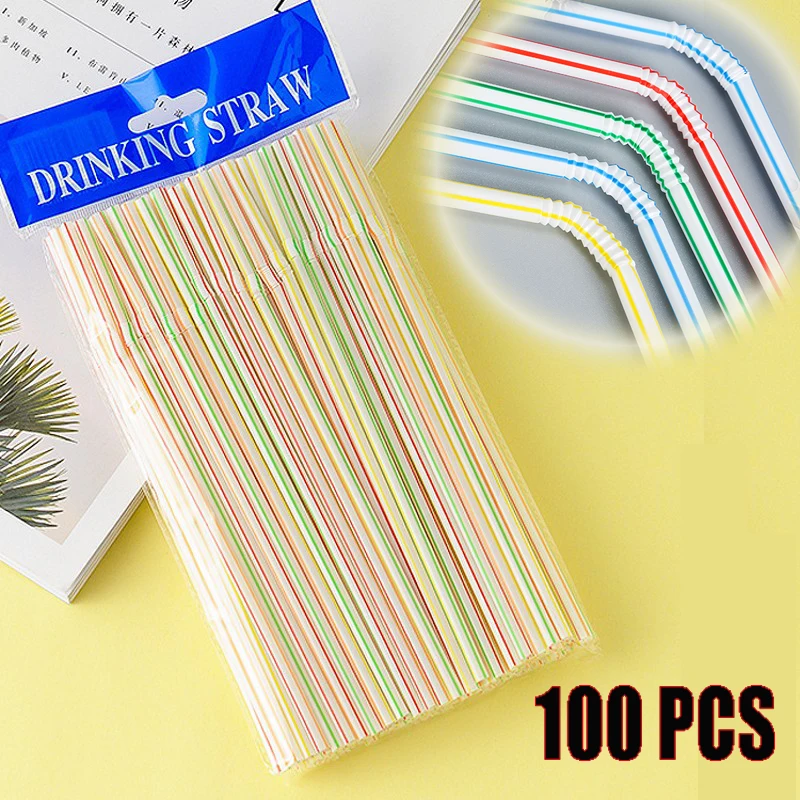 

100PCS Disposable Elbow Plastic Straws for Kitchenware Bar Party Event Supplies Striped Bendable Cocktail Drinking Straws