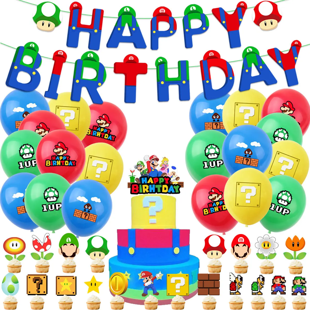 

Super Mario Cartoon Themed Party Decorations Children's Birthday Banner Cake Flag Balloon Suit Scene Layout Party Supplies