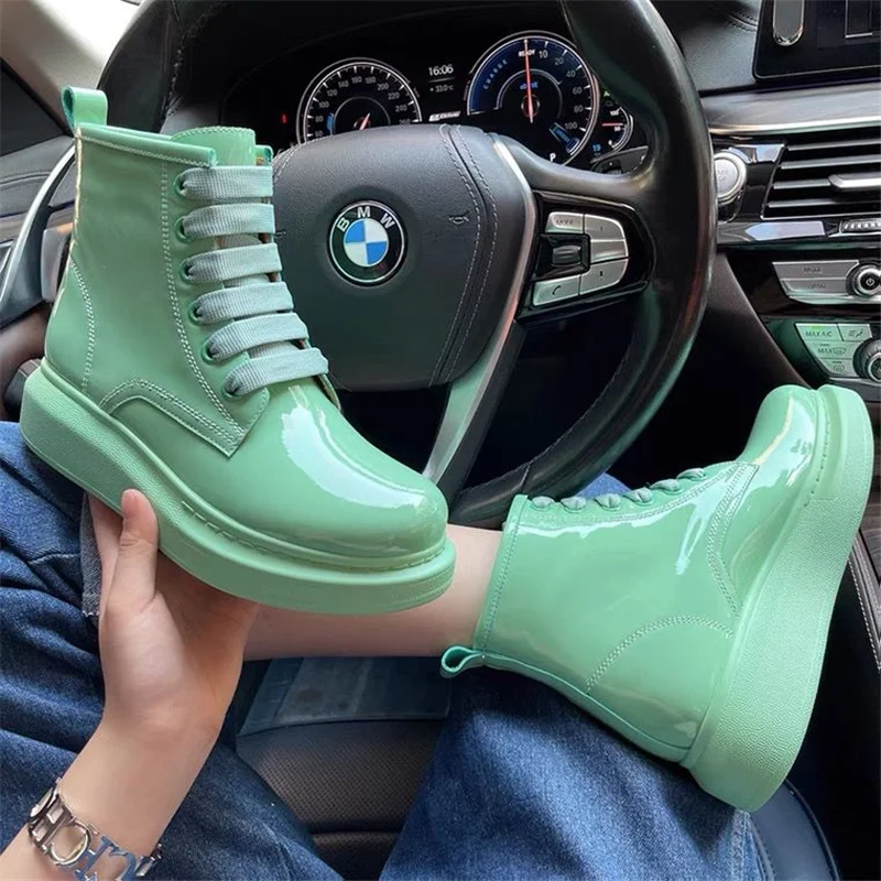 Size 35-44 Ankle Boots Women Flat Platform Boots Fashion Patent Leather Non-slip Waterproof Chunky Shoes Boots Lace Up Shoes