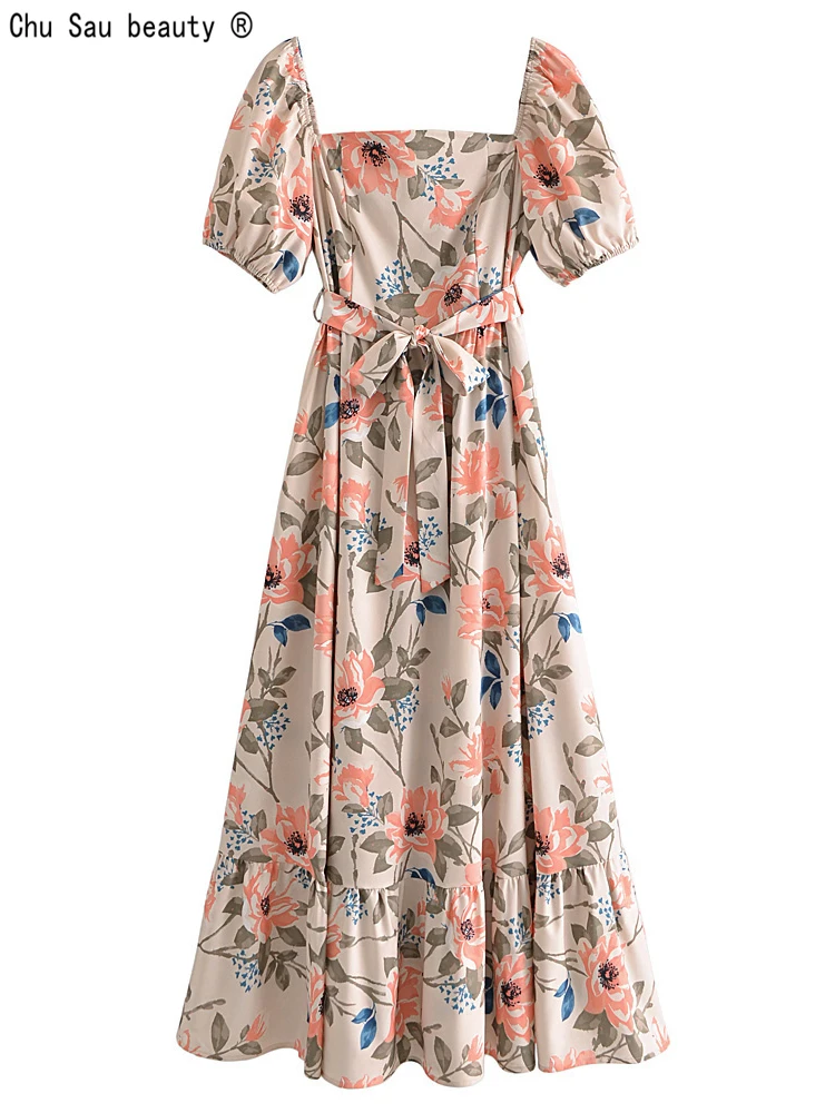 

2022 Summer New Fashion Vintage Casual Floral Print Square Collar Puff Sleeve Belt Dress For Women Vestido