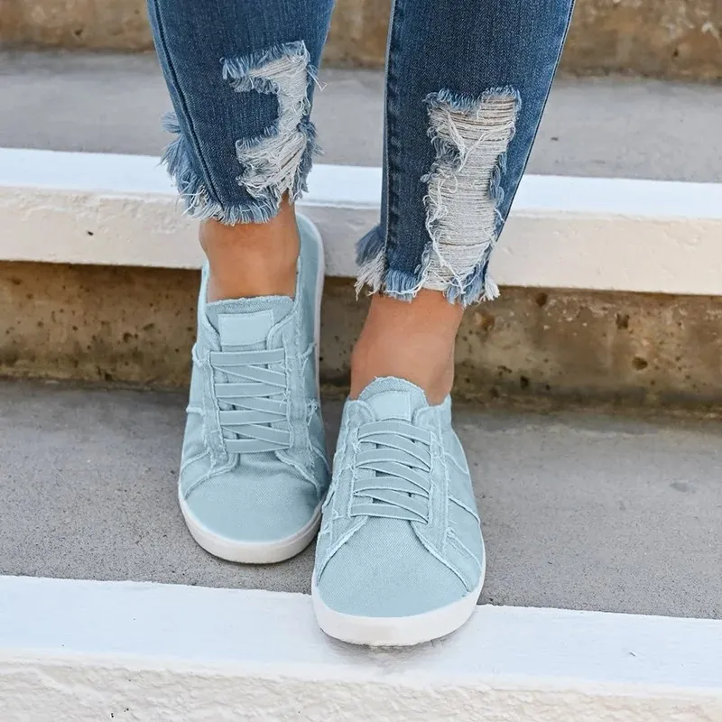 

2022 New British Women's Casual Canvas Shoes Denim Fabric Elastic Lace-up Flat Large Size 43 Women's Summer Pink Casual Shoes